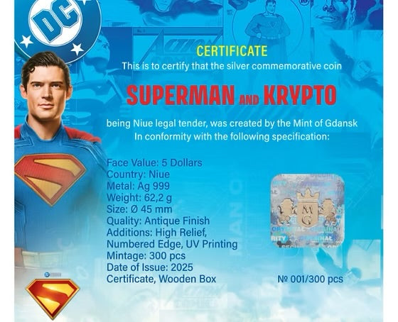 Superman and Krypto - 2 oz .999 Silver High Relief Coin - $5 Niue 2025