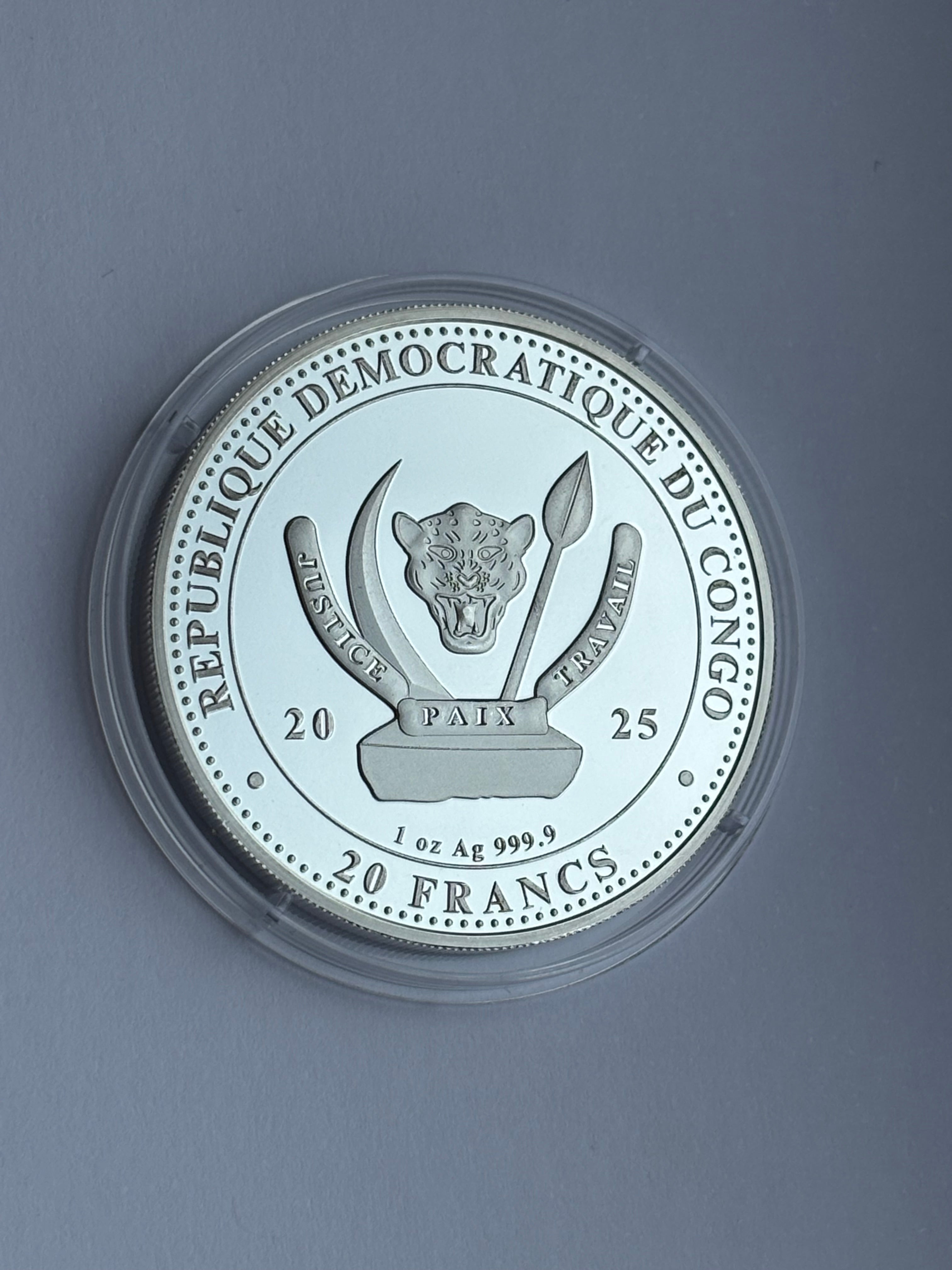 1oz Pure Silver Coin 20 Francs Congo 2025 VELOCIRAPTOR Prehistoric Life II
