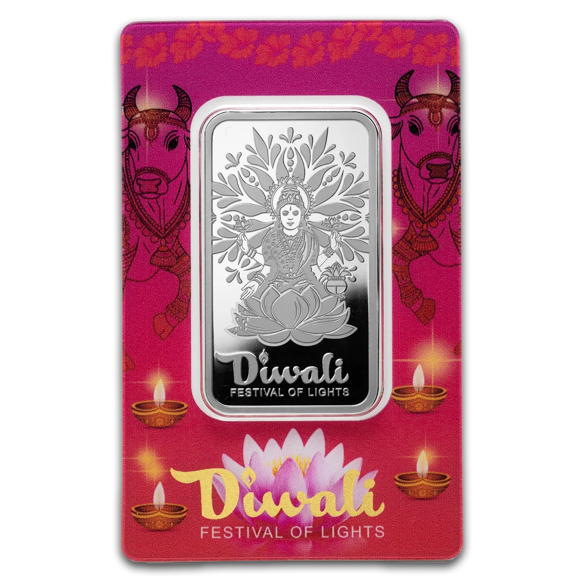 1oz PAMP Suisse Diwali Lakshmi & Sacred Cow Pure Silver Bar in Assay