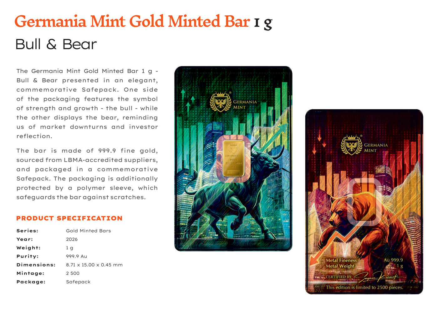 PRE ORDER - 1g Pure Gold Bar Germania Mint Bull V Bear
