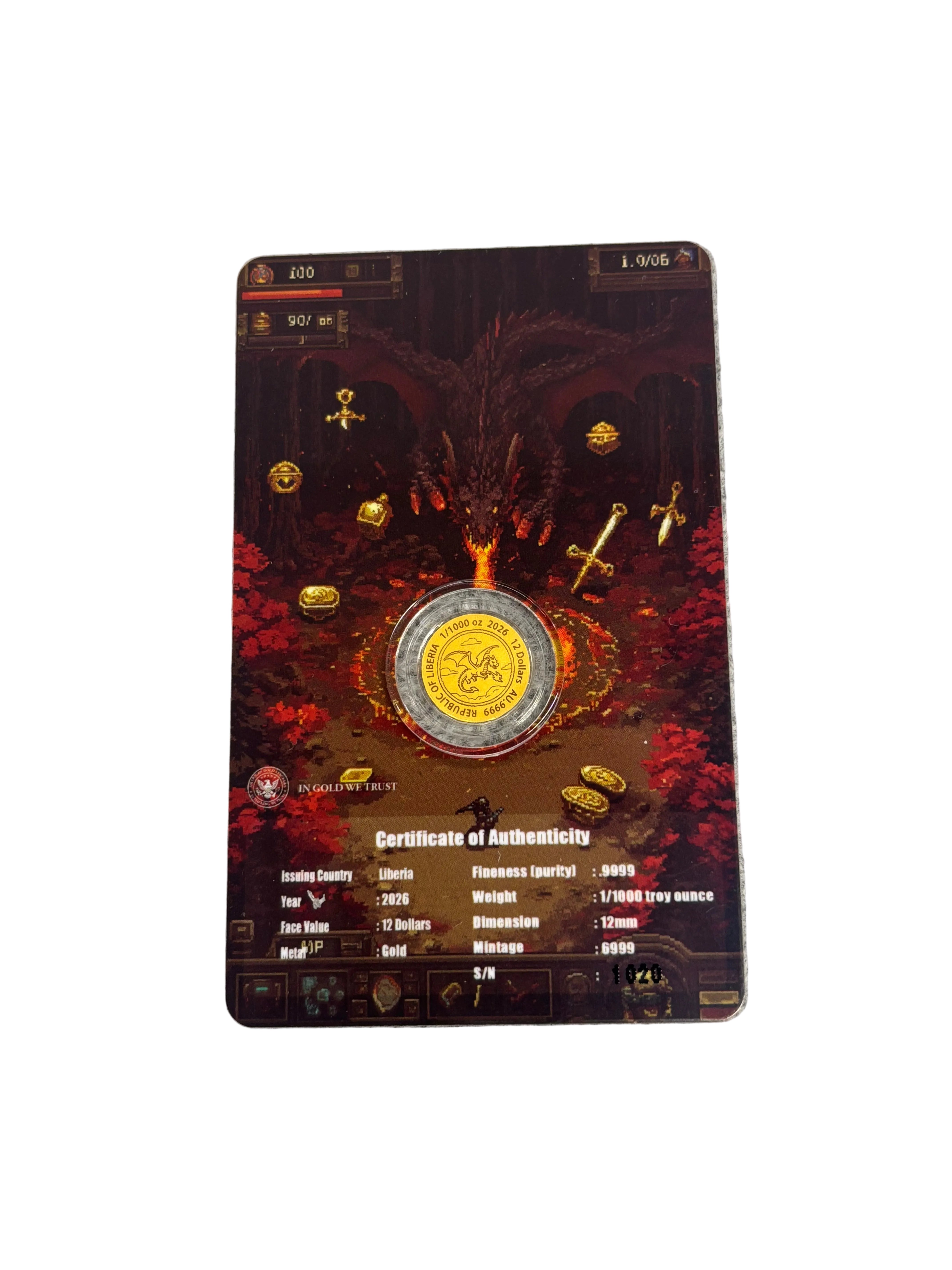 1/1000oz Pure Gold Pixel Dragon Carded Coin