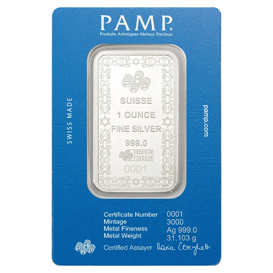 A 1oz .999 Silver Bar PAMP Star Of David, featuring the text “SUISSE 1 OUNCE FINE SILVER 999.0,” comes in blue packaging with a unique serial number and certification details below.