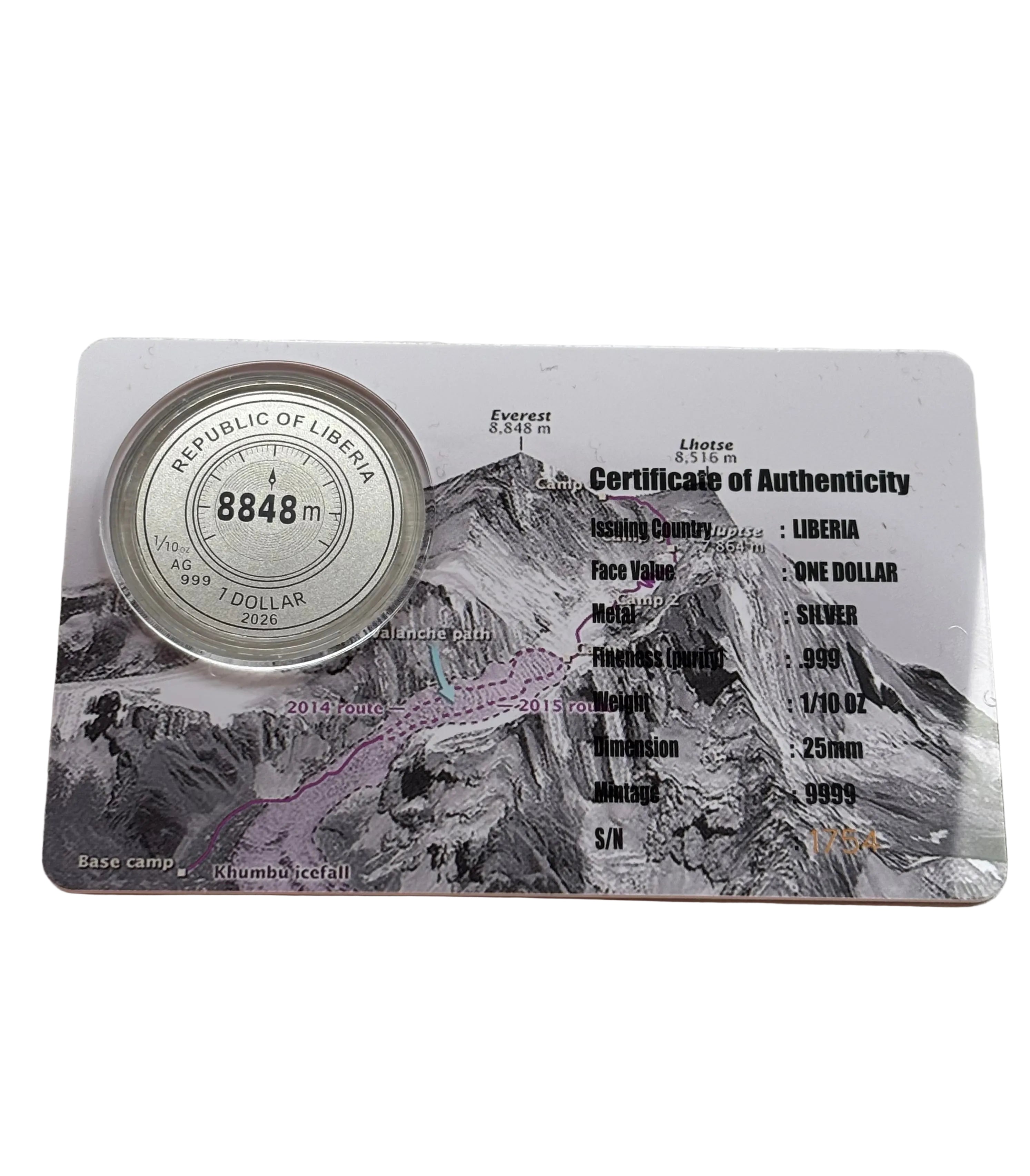 MOUNT EVEREST 1/10th oz Pure Silver Coin 1$ Liberia 2026