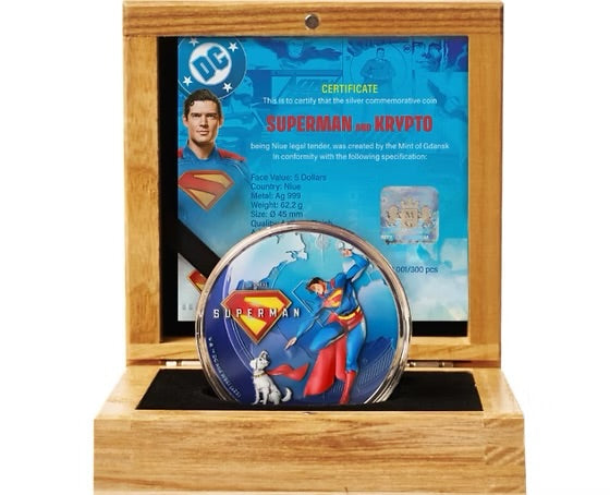 Superman and Krypto - 2 oz .999 Silver High Relief Coin - $5 Niue 2025