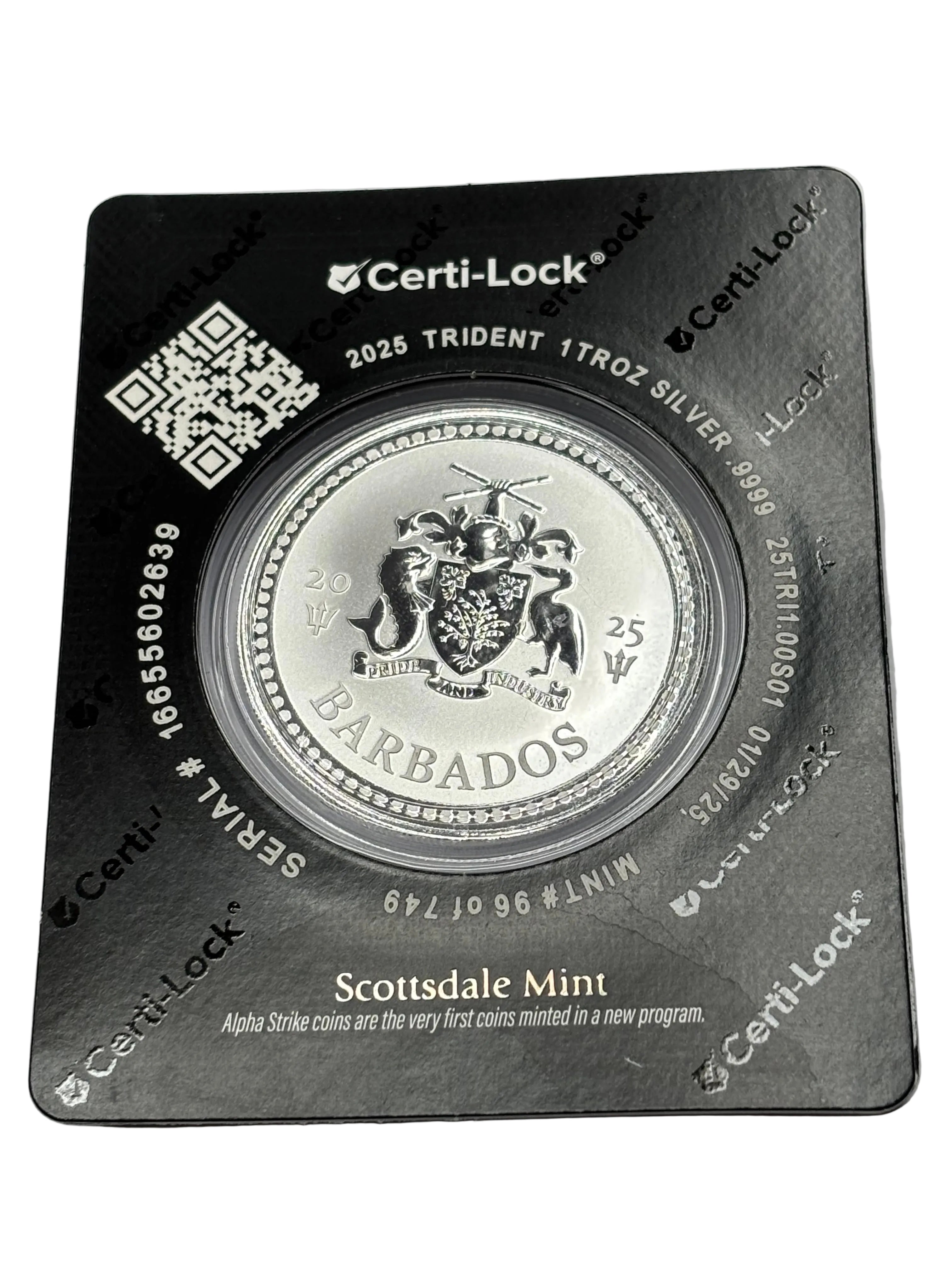 1oz Pure Silver Aplha Strike Coin Barbados Trident By Scottsdale mint