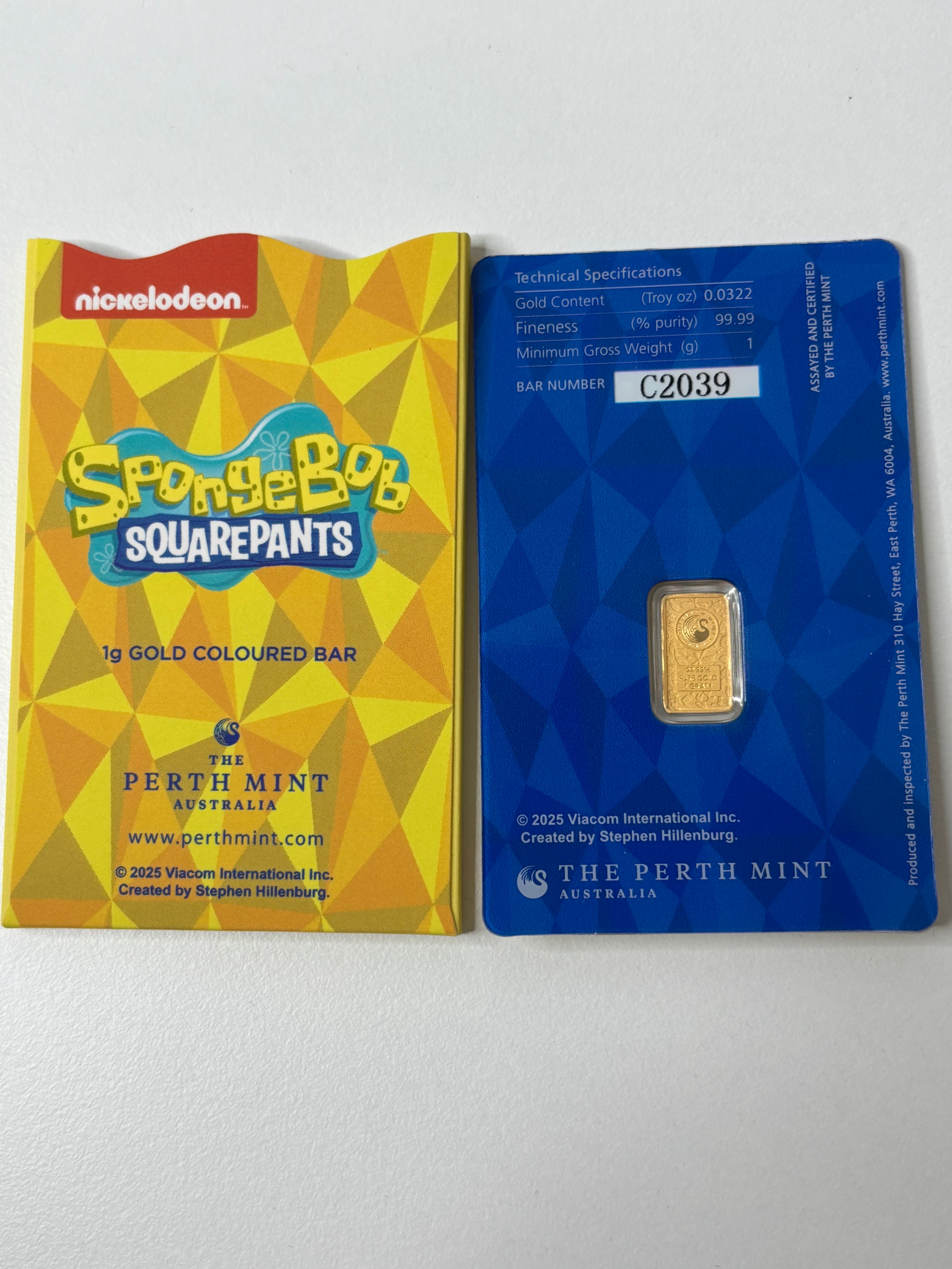 1g 999.9 Gold Bar SpongeBob In Colour By The Perth Mint