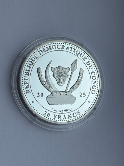 1oz Pure Silver Coin 20 Francs Congo 2025 VELOCIRAPTOR Prehistoric Life II