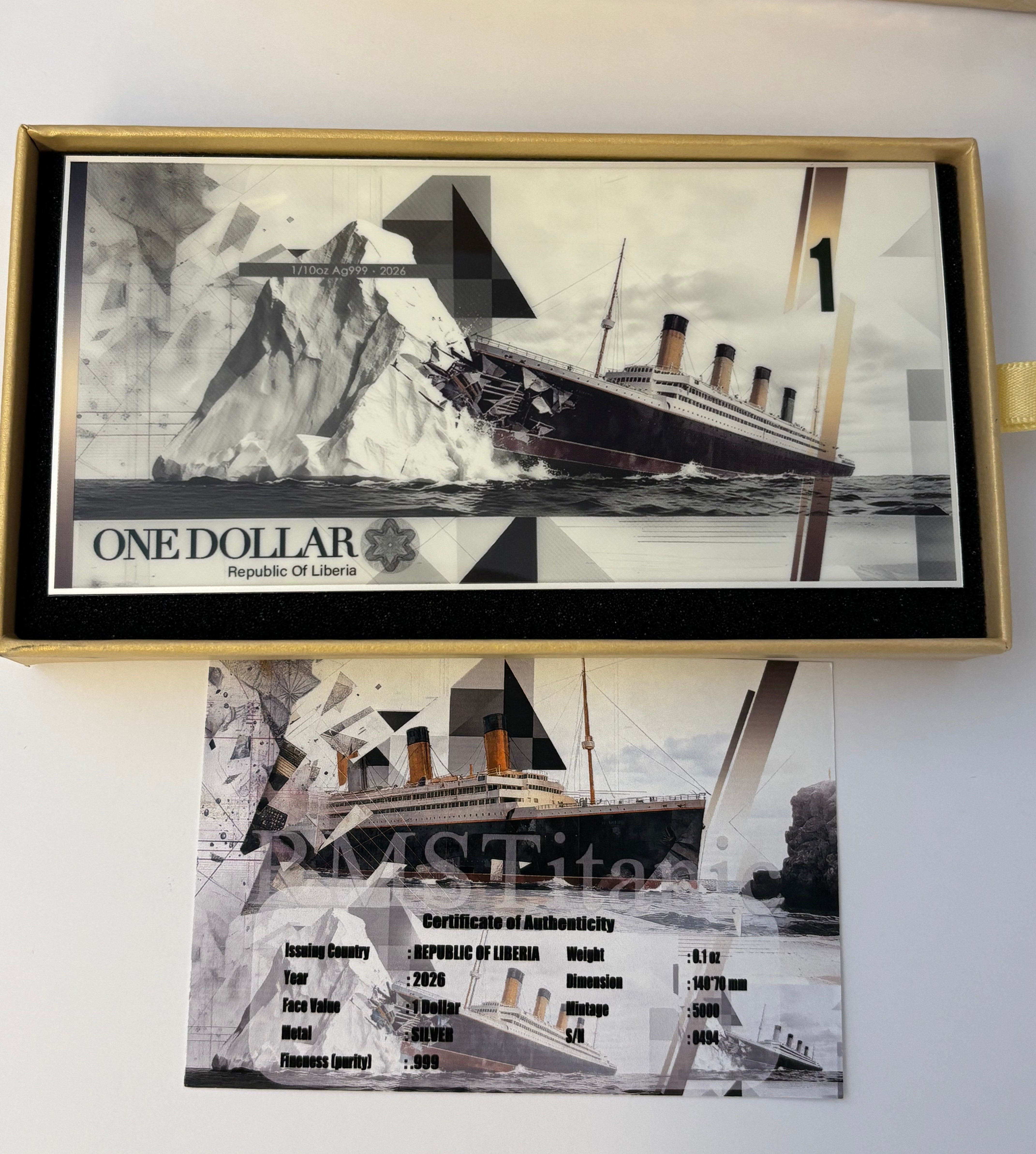 RMS TITANIC 1/10 Oz Silver Note 1$ Liberia 2026