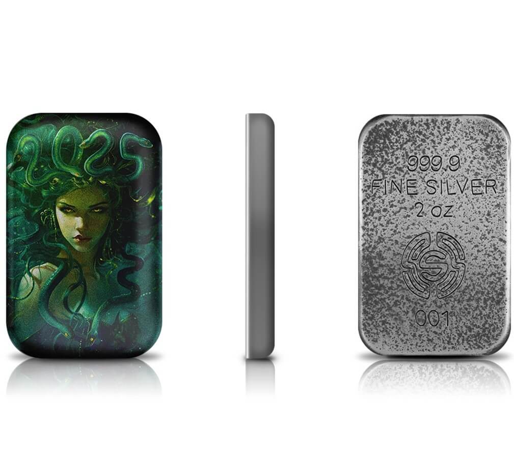 Year of the Snake 2oz Colored Cast Pure Silver Bar – Medusa Mythical Creatures 2025