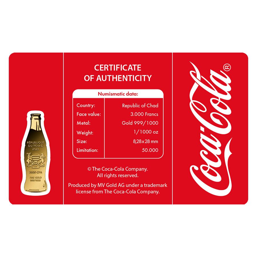 1/1000oz .999 Gold Coca Cola Bottle In Assay Card