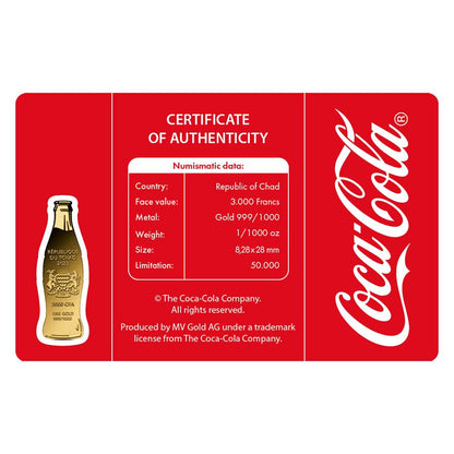 1/1000oz .999 Gold Coca Cola Bottle In Assay Card