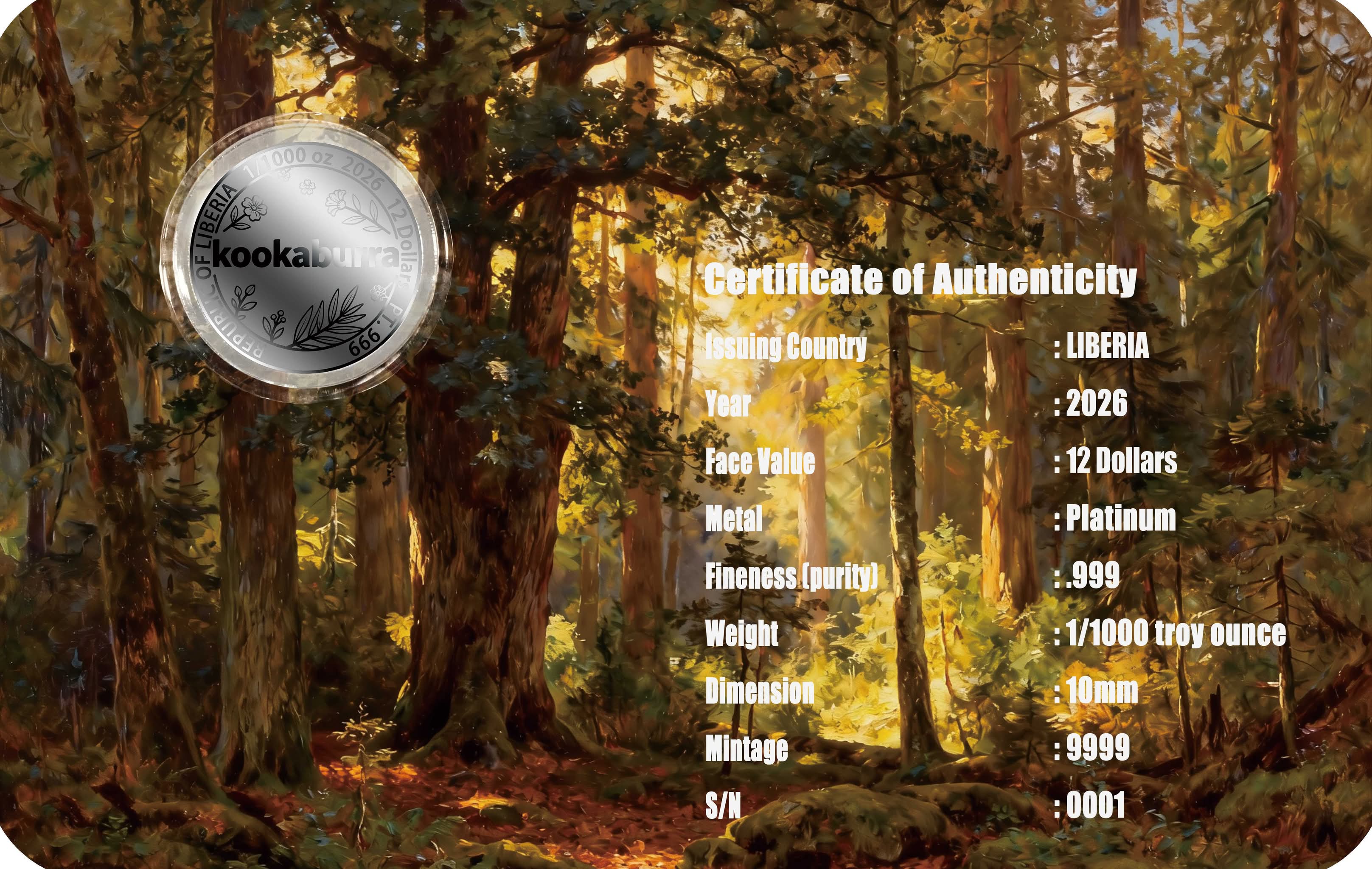 1/1000oz Pure Platinum Kookaburra Coin In Card