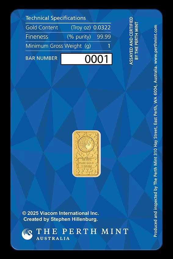 1g 999.9 Gold Bar SpongeBob In Colour By The Perth Mint