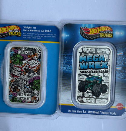 1oz Pure Silver Hot Wheels™ Monster Truck Mega Wrex Colorized Bar