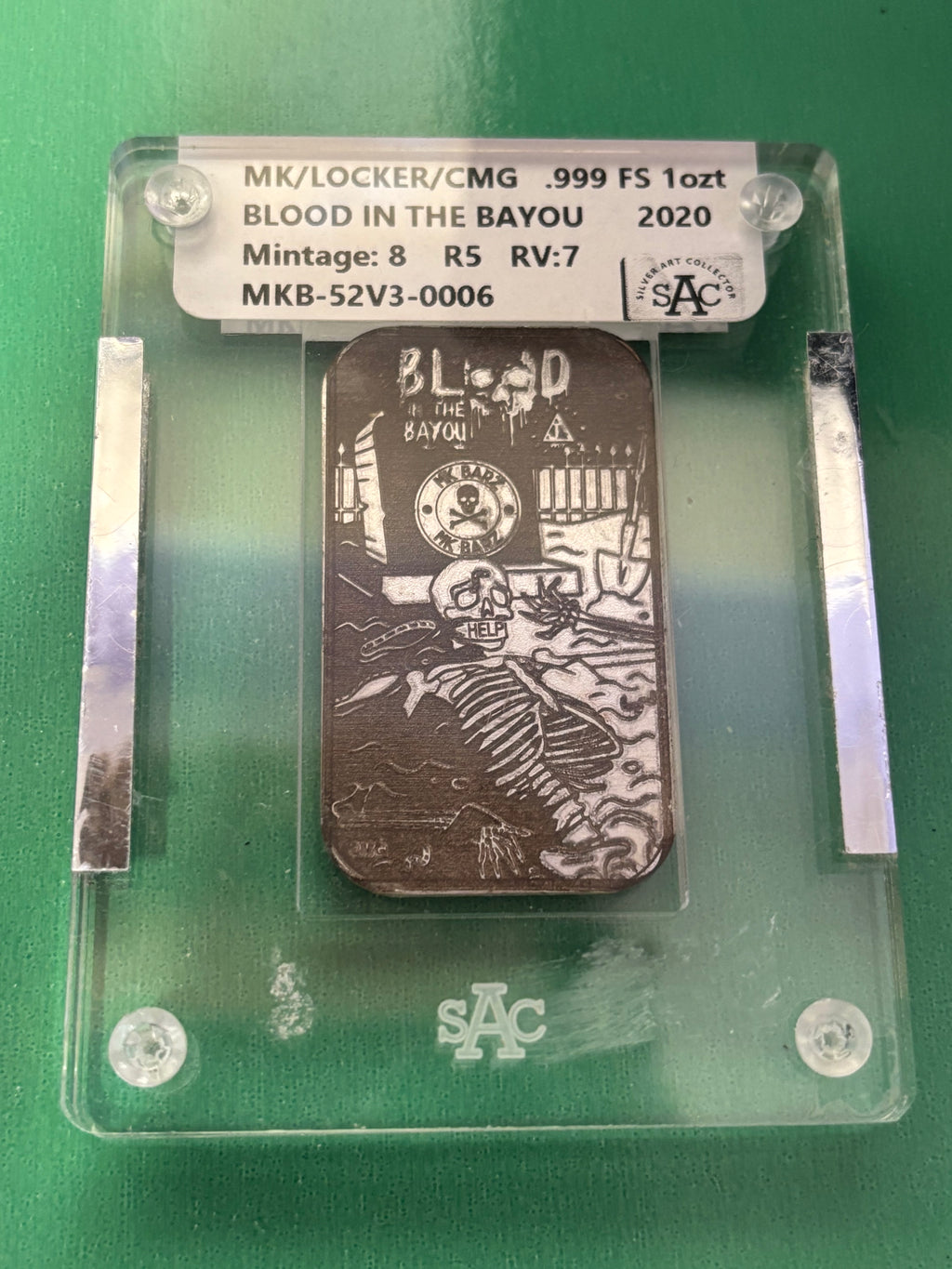1oz .999 Silver Art Slabbed Bar Blood In The Bayou Mintage Of 8