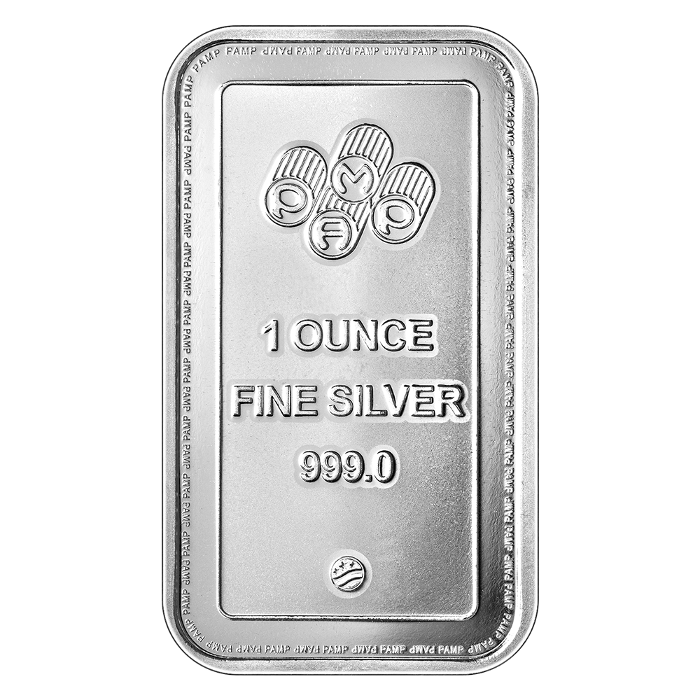 The 1oz .999 Silver Pamp USA Bar is a rectangular silver bar with "1 OUNCE FINE SILVER 999.0" inscribed, circular and oval symbols at the top, a small logo at the bottom, and a shiny polished finish.