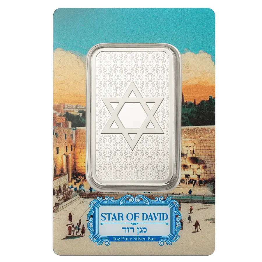 The 1oz .999 Silver Bar PAMP Star Of David features a Star of David design and comes on a card showing the Western Wall, with “STAR OF DAVID” and “1 oz Pure Silver Bar” in English and Hebrew below the bar.