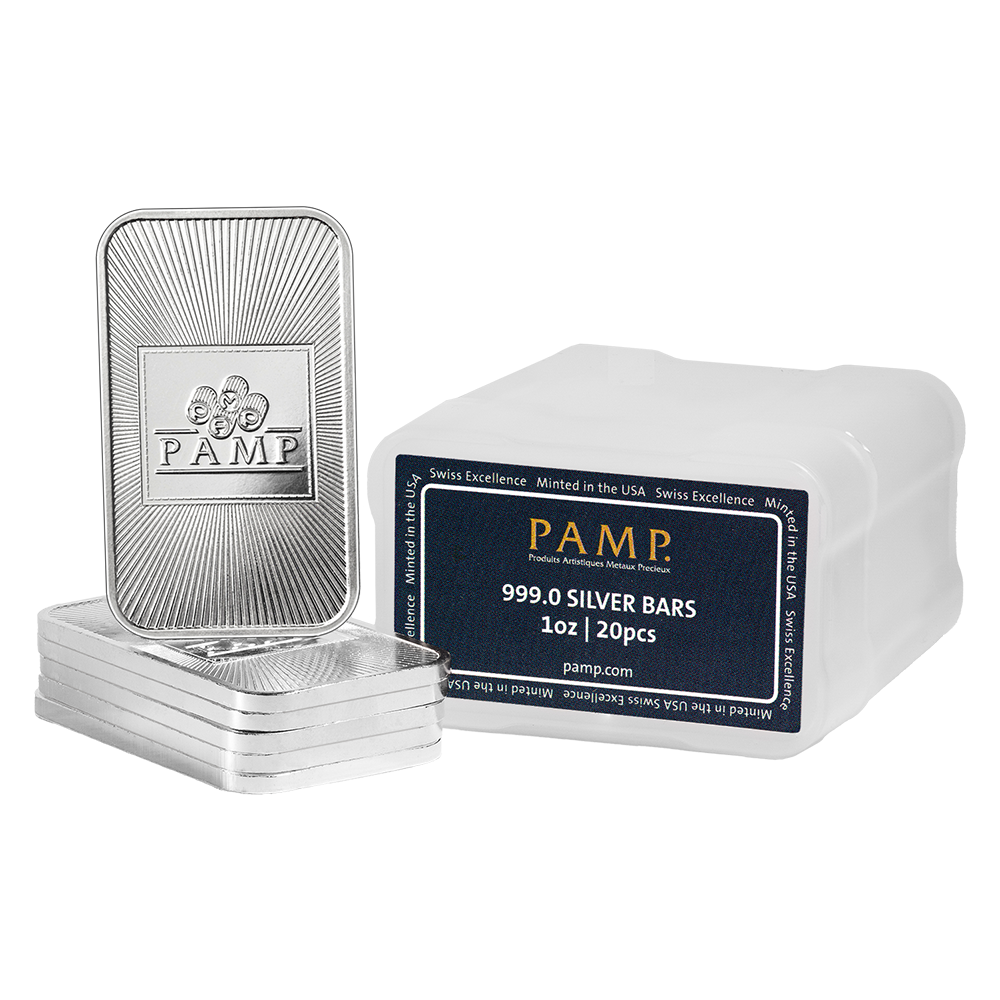 A stack of 1oz .999 Silver Pamp USA Bars, one upright showing the PAMP logo and details, beside a white container labeled "999.0 SILVER BARS 1oz | 20pcs pamp.com.