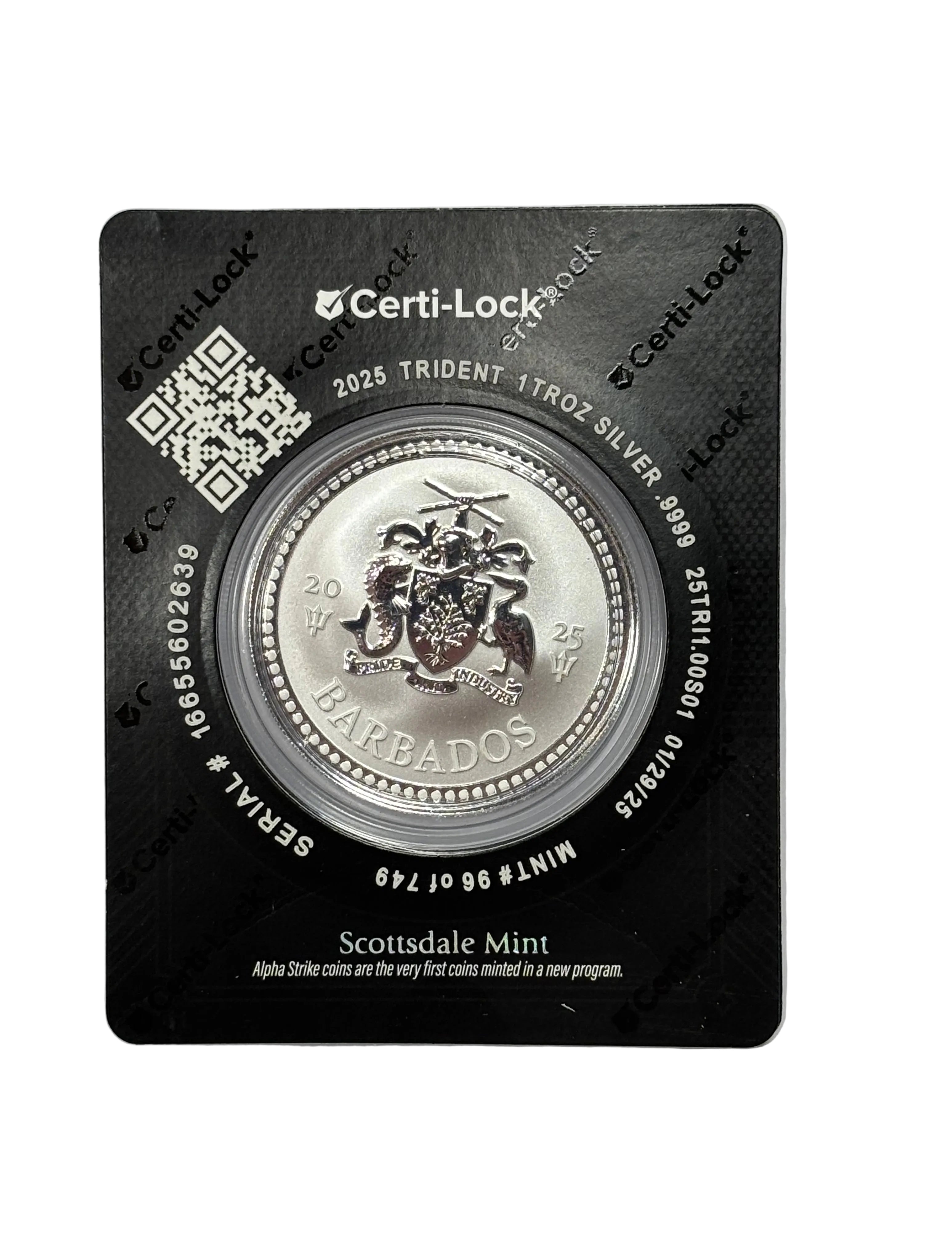 1oz Pure Silver Aplha Strike Coin Barbados Trident By Scottsdale mint