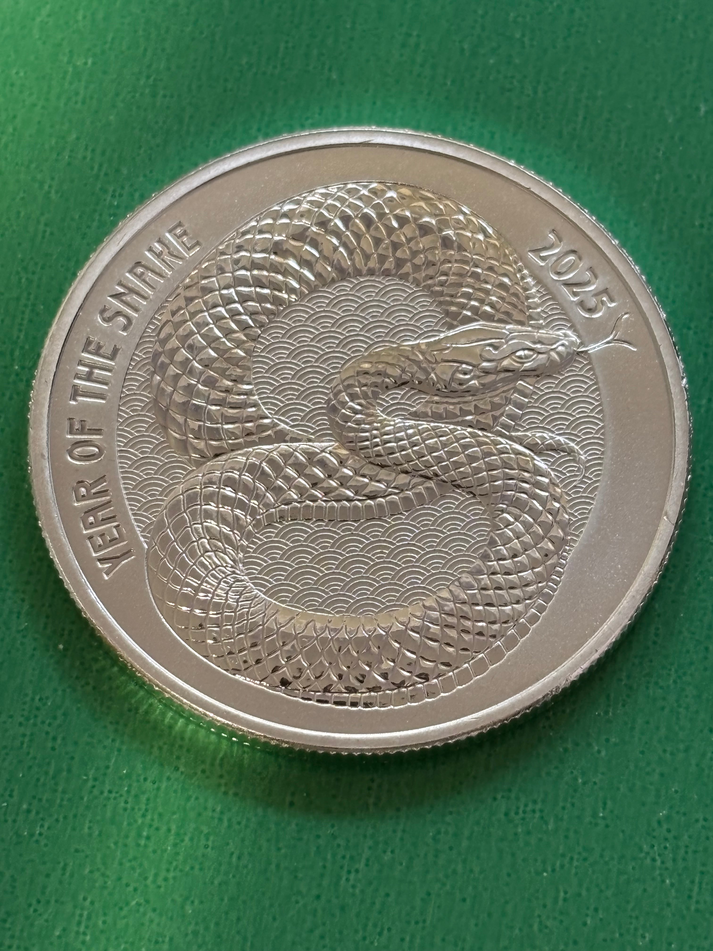 The 1oz .999 Silver Year Of The Snake 2025 coin, shown on green fabric, features a detailed snake design and the inscription YEAR OF THE SNAKE and 2025.