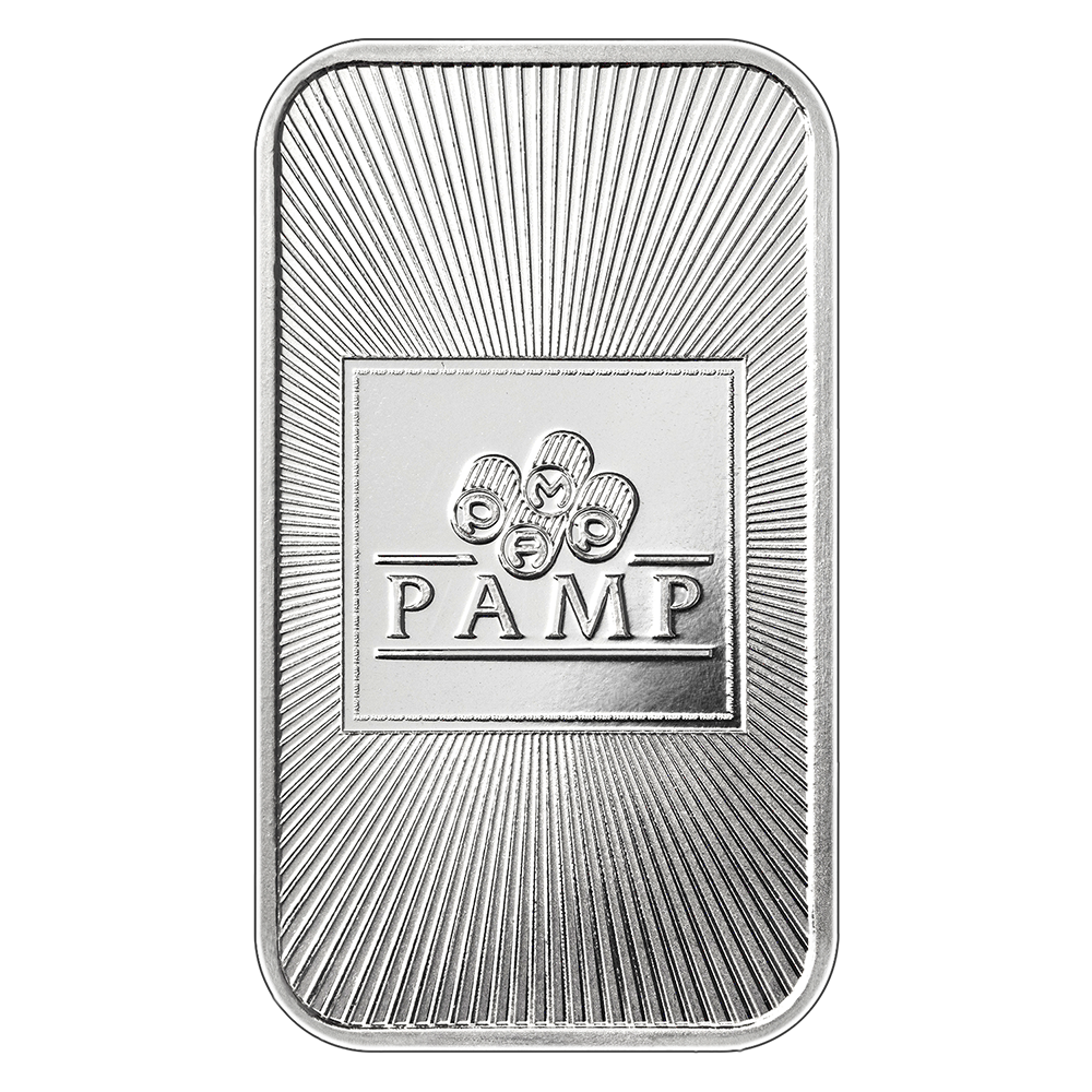 The 1oz .999 Silver Pamp USA Bar is rectangular with rounded edges, displaying a radiating line pattern and the PAMP logo at the center, which has three circles above "PAMP" in bold capital letters.