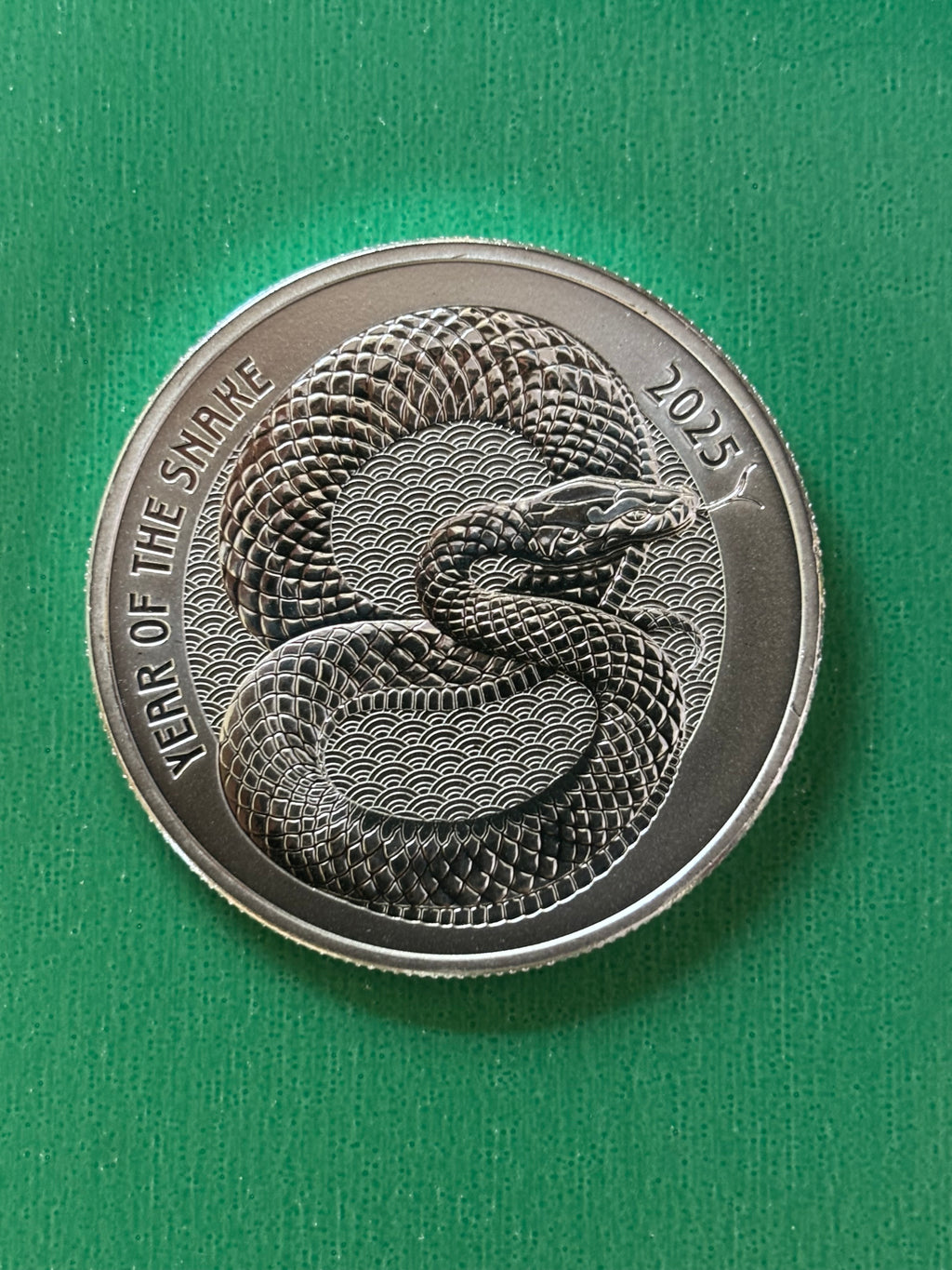 The 1oz .999 Silver Year Of The Snake 2025 coin displays a detailed snake at its center, with "YEAR OF THE SNAKE" inscribed on the left and "2025" on the right, set against a green textured background.