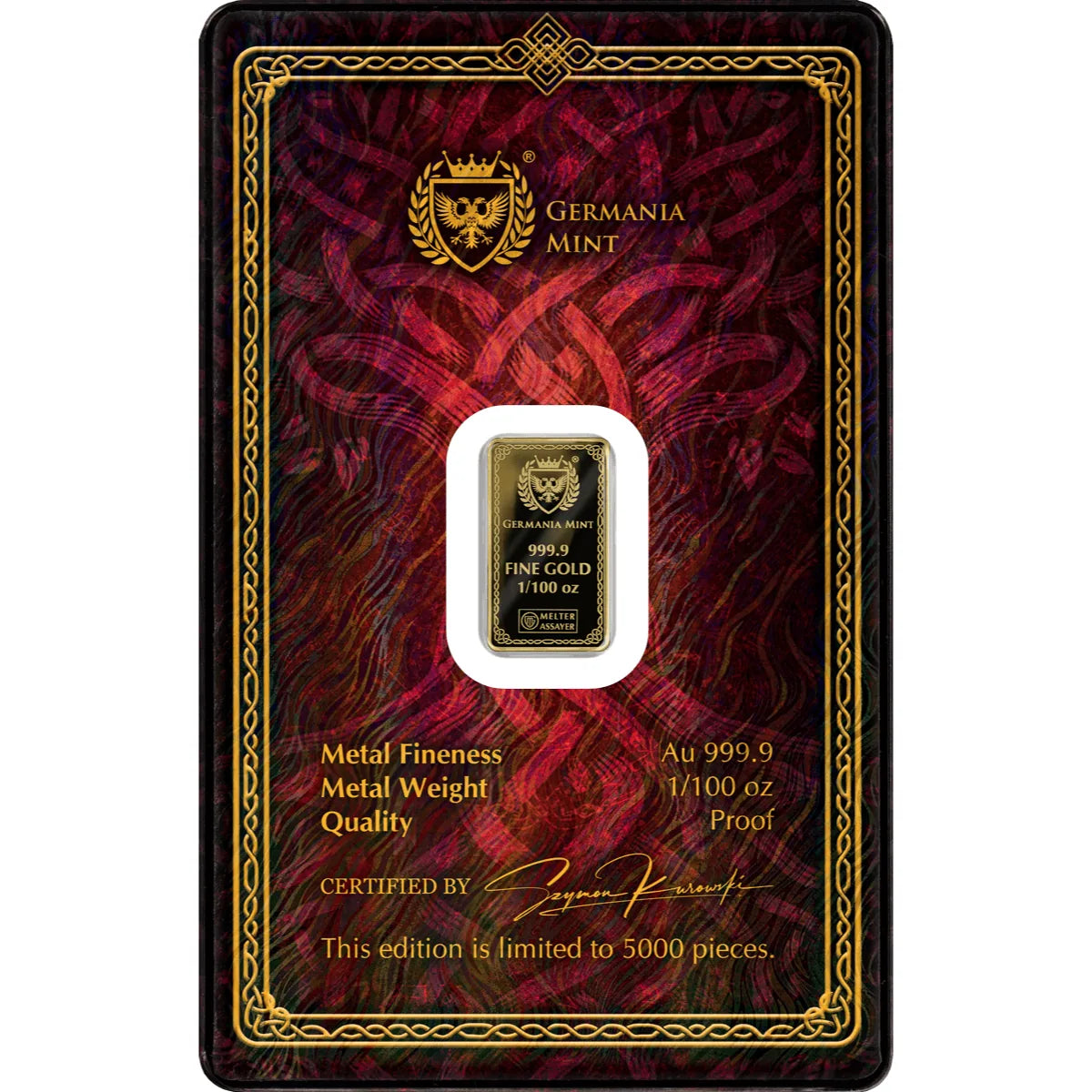 2026 Gods of Germania Frigg 1/100oz Pure Gold Proof Minted Bar