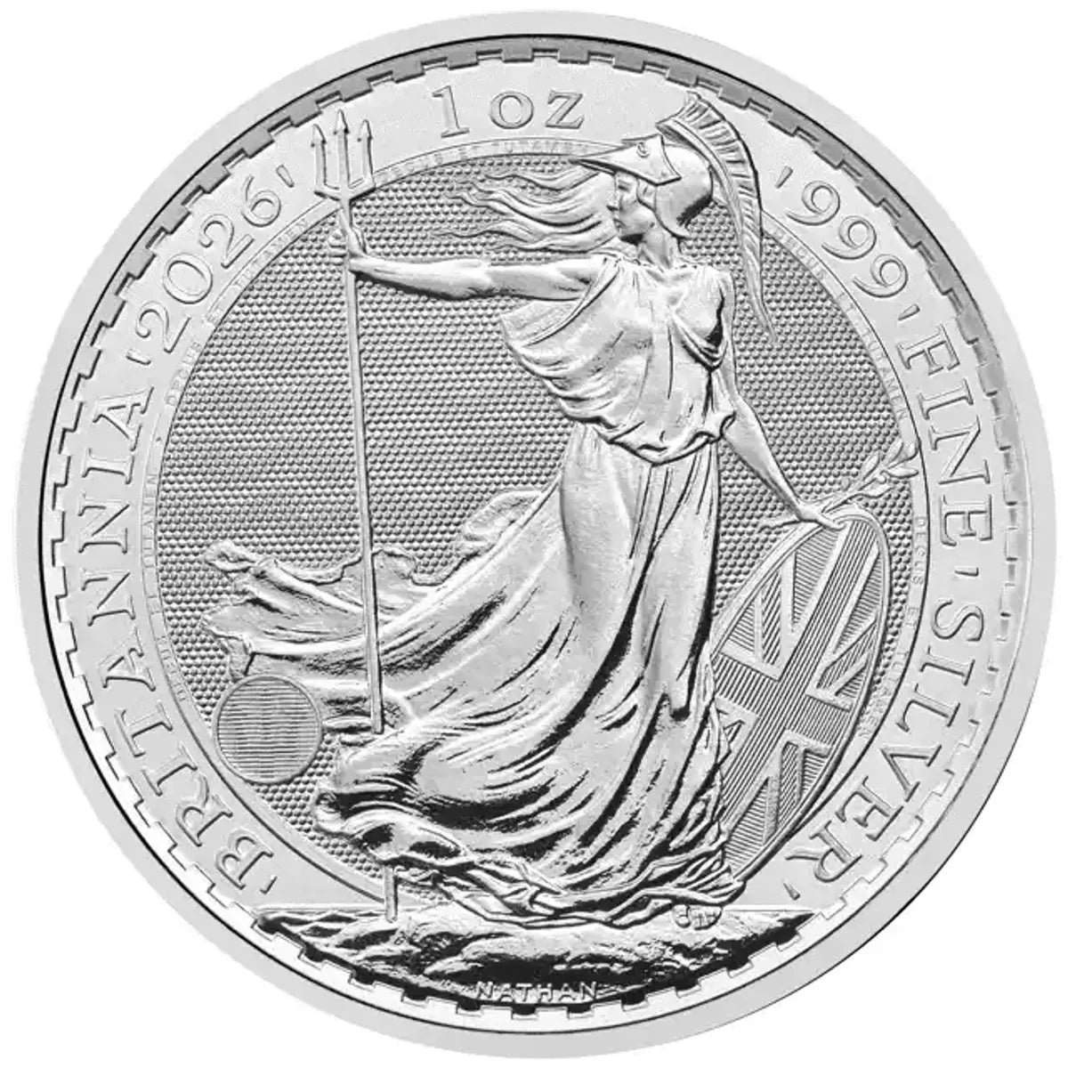 The 1oz .999 Silver 2026 Britannia Coin from the Royal Mint displays Britannia standing with a trident and Union Jack shield. The edge reads BRITANNIA 2026 1oz .999 FINE SILVER.
